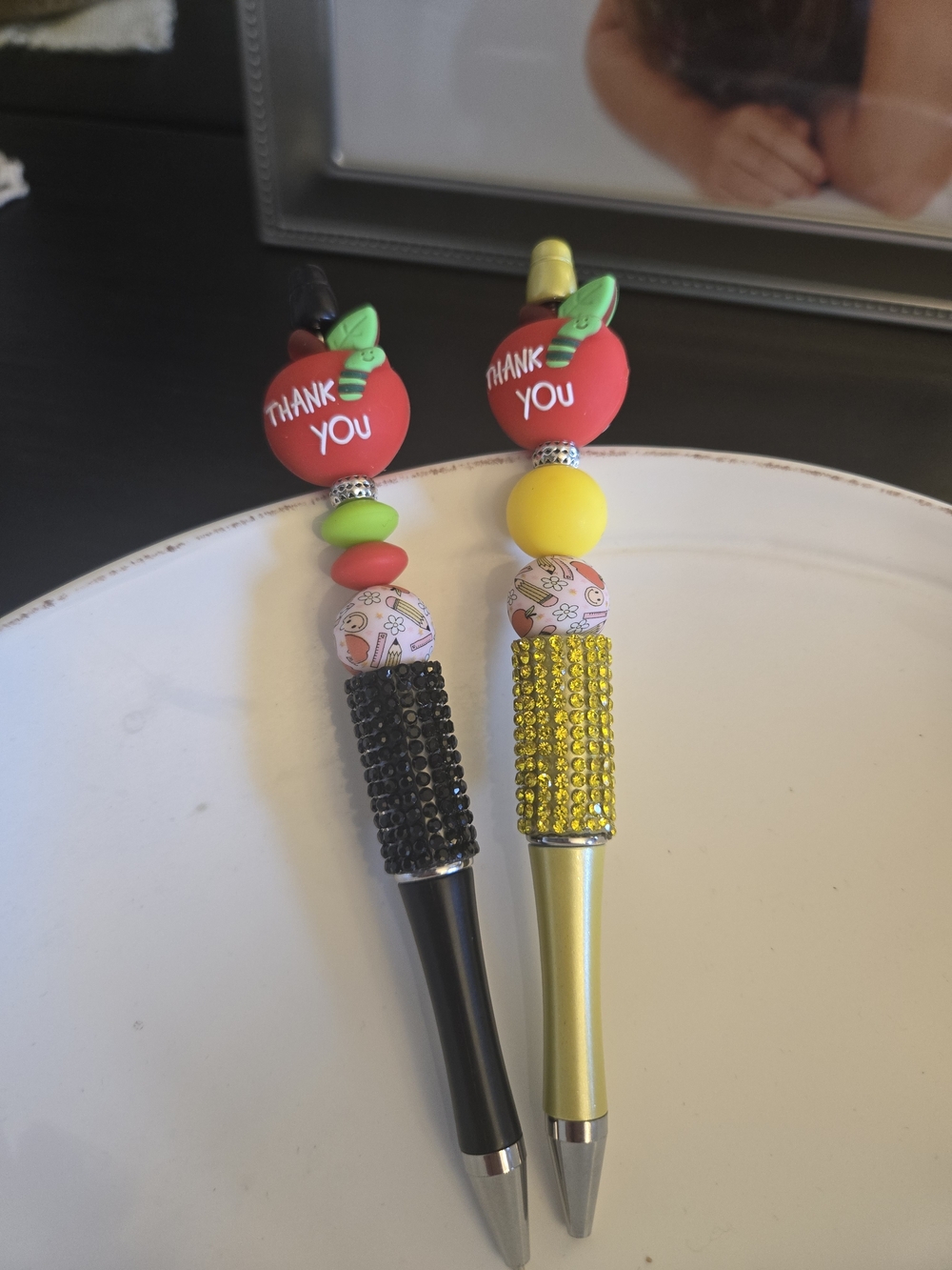 Decorative Thank You Teacher Apple Beaded Ballpoint Pen - Red & Yellow